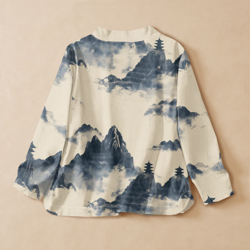 Buddha Stones Camicia da donna a maniche lunghe con scollo a V e allacciatura, in stile Hanfu, con stampa paesaggistica e pagoda su cotone. - image 8