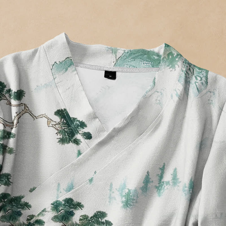 Buddha Stones Camicia da donna a maniche lunghe, in cotone, con scollo a V e allacciatura, stile Hanfu, con stampa paesaggistica di pini. - image 2