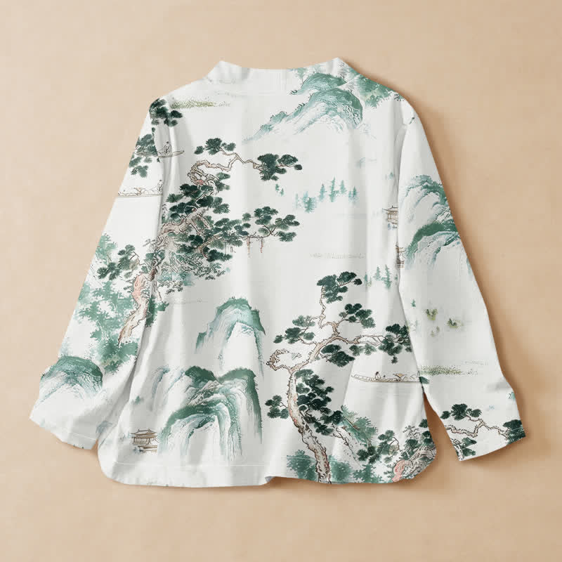 Buddha Stones Camicia da donna a maniche lunghe, in cotone, con scollo a V e allacciatura, stile Hanfu, con stampa paesaggistica di pini. - image 1