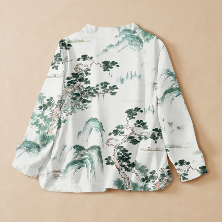 Buddha Stones Camicia da donna a maniche lunghe, in cotone, con scollo a V e allacciatura, stile Hanfu, con stampa paesaggistica di pini. - image 1