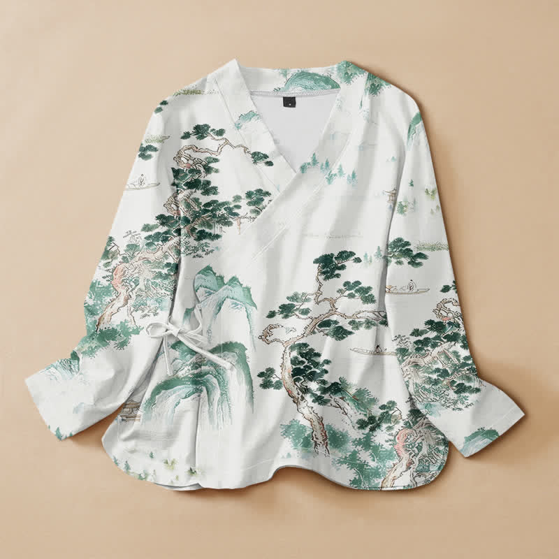Buddha Stones Camicia da donna a maniche lunghe, in cotone, con scollo a V e allacciatura, stile Hanfu, con stampa paesaggistica di pini. - Melata - US16, UK/AU20, EU48 (3XL) - image 0