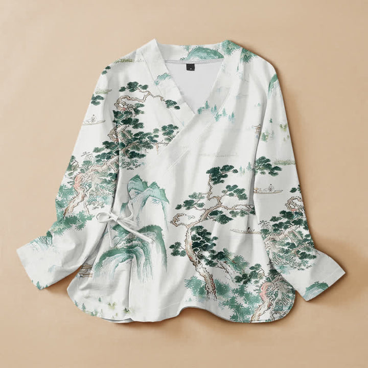 Buddha Stones Camicia da donna a maniche lunghe, in cotone, con scollo a V e allacciatura, stile Hanfu, con stampa paesaggistica di pini. - Melata - US16, UK/AU20, EU48 (3XL) - image 0
