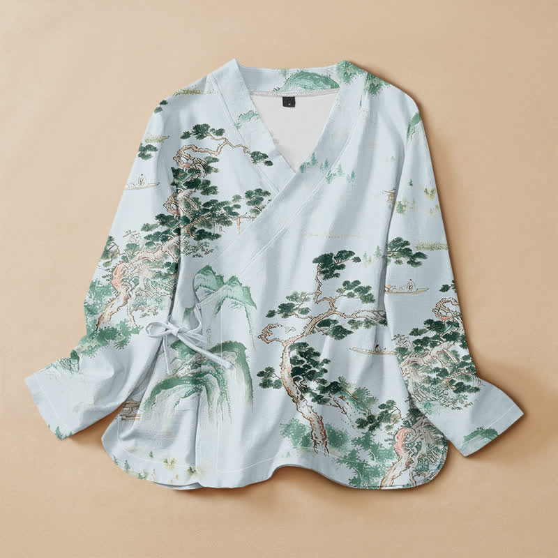 Buddha Stones Camicia da donna a maniche lunghe, in cotone, con scollo a V e allacciatura, stile Hanfu, con stampa paesaggistica di pini. - Turchese pallido - US16, UK/AU20, EU48 (3XL) - image 5