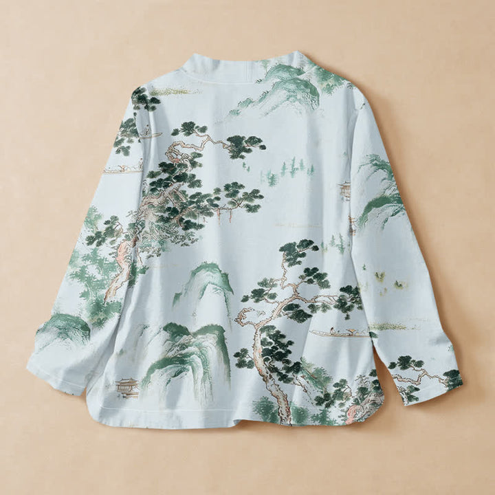 Buddha Stones Camicia da donna a maniche lunghe, in cotone, con scollo a V e allacciatura, stile Hanfu, con stampa paesaggistica di pini. - image 6