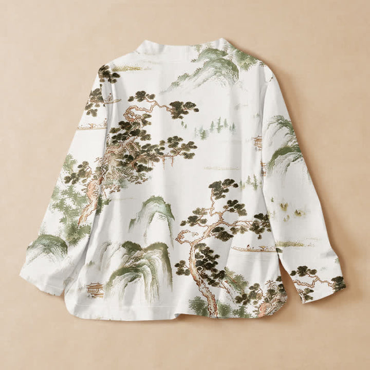 Buddha Stones Camicia da donna a maniche lunghe, in cotone, con scollo a V e allacciatura, stile Hanfu, con stampa paesaggistica di pini. - image 8