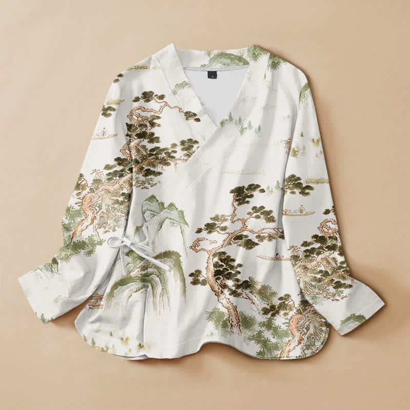 Buddha Stones Camicia da donna a maniche lunghe, in cotone, con scollo a V e allacciatura, stile Hanfu, con stampa paesaggistica di pini. - Beige - US16, UK/AU20, EU48 (3XL) - image 7