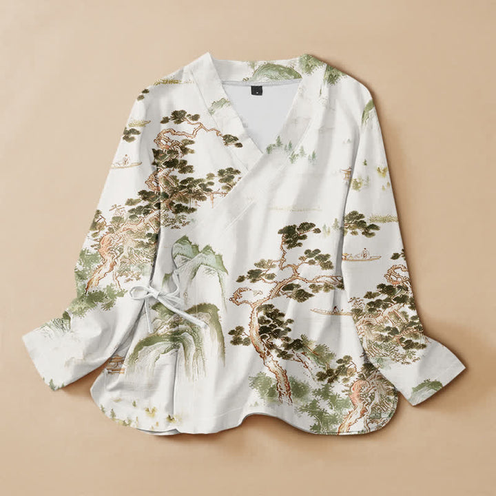 Buddha Stones Camicia da donna a maniche lunghe, in cotone, con scollo a V e allacciatura, stile Hanfu, con stampa paesaggistica di pini. - Beige - US16, UK/AU20, EU48 (3XL) - image 7
