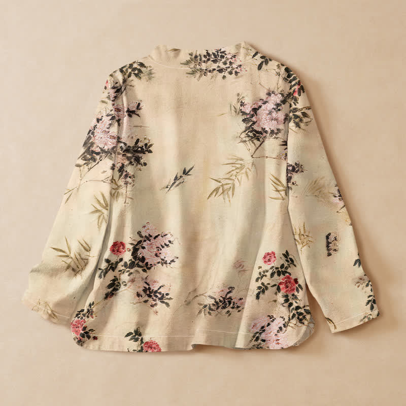 Kimono da donna a maniche lunghe con scollo a V e allacciatura, in cotone con stampa di fiori di bambù Buddha Stones. - image 1
