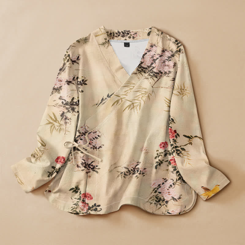 Buddha Stones Camicia da donna a maniche lunghe con scollo a V e allacciatura, in stile Hanfu, con stampa di fiori di bambù e motivo a portafoglio. - Beige - US16, UK/AU20, EU48 (3XL) - image 0