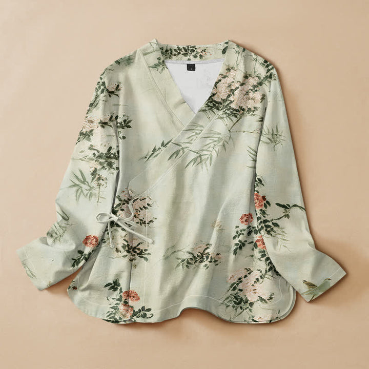 Kimono da donna a maniche lunghe con scollo a V e allacciatura, in cotone con stampa di fiori di bambù Buddha Stones. - Crema alla menta - US16, UK/AU20, EU48 (3XL) - image 5
