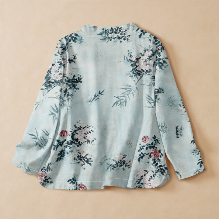 Kimono da donna a maniche lunghe con scollo a V e allacciatura, in cotone con stampa di fiori di bambù Buddha Stones. - image 8