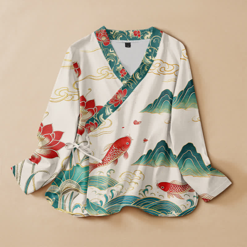 Buddha Stones Camicia da donna a maniche lunghe con scollo a V e allacciatura, in cotone, con motivo a nuvole di loto e koi. - Avorio - US16, UK/AU20, EU48 (3XL) - image 0