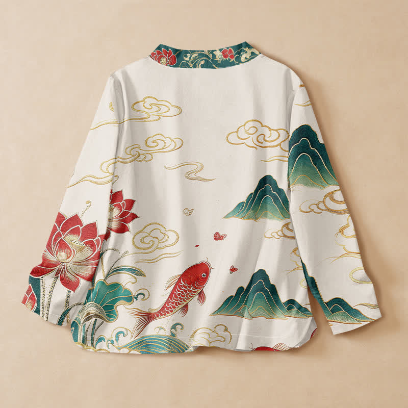 Buddha Stones Camicia da donna a maniche lunghe con scollo a V e allacciatura, in cotone, con motivo a nuvole di loto e koi. - image 1