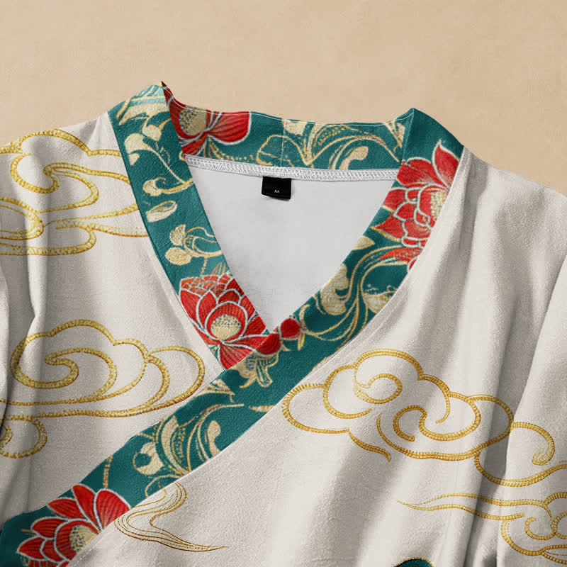 Kimono da donna a maniche lunghe con scollo a V e allacciatura, in cotone con motivo Buddha Stones, koi, loto e nuvole. - image 2