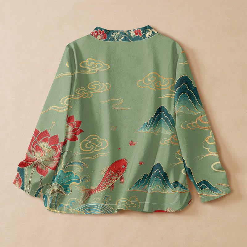 Kimono da donna a maniche lunghe con scollo a V e allacciatura, in cotone con motivo Buddha Stones, koi, loto e nuvole. - image 6
