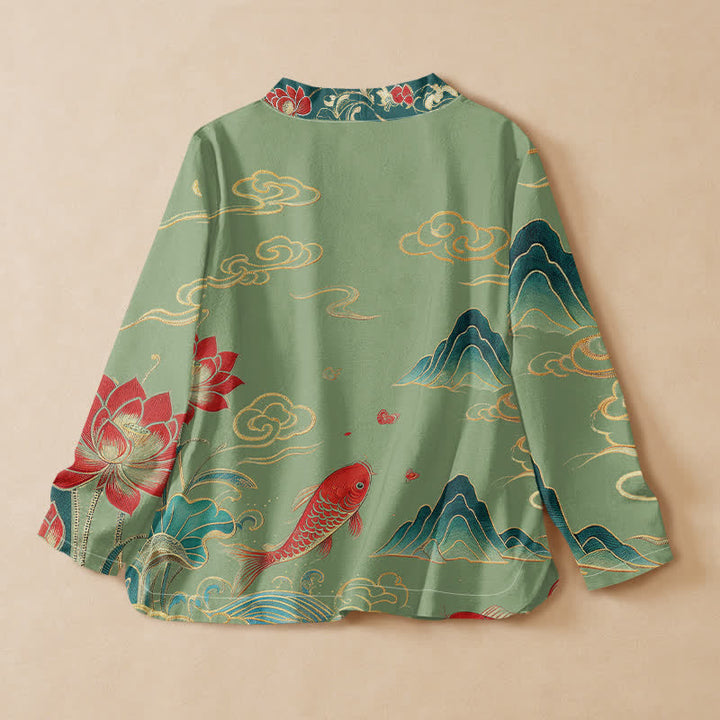 Kimono da donna a maniche lunghe con scollo a V e allacciatura, in cotone con motivo Buddha Stones, koi, loto e nuvole. - image 6