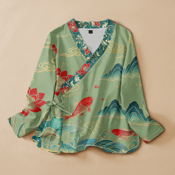 Kimono da donna a maniche lunghe con scollo a V e allacciatura, in cotone con motivo Buddha Stones, koi, loto e nuvole. - Verde chiaro - US16, UK/AU20, EU48 (3XL) - image 5