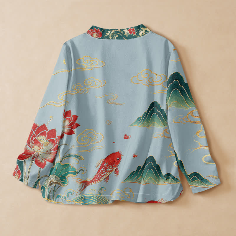 Kimono da donna a maniche lunghe con scollo a V e allacciatura, in cotone con motivo Buddha Stones, koi, loto e nuvole. - image 8