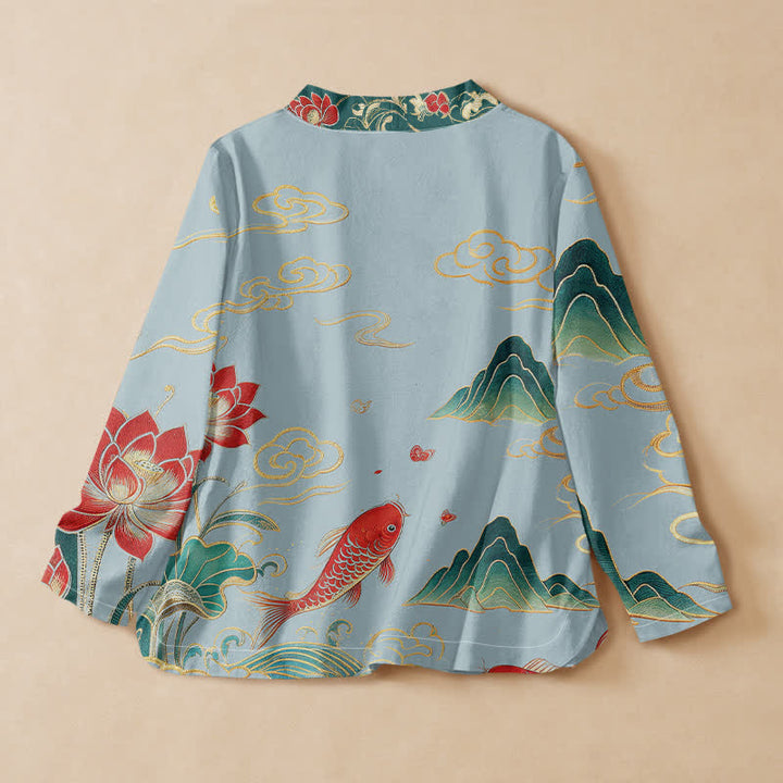 Kimono da donna a maniche lunghe con scollo a V e allacciatura, in cotone con motivo Buddha Stones, koi, loto e nuvole. - image 8