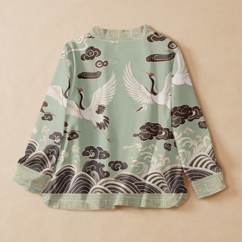 Buddha Stones Camicia da donna a maniche lunghe con scollo a V e allacciatura, in stile Hanfu, con stampa di gru, nuvole e onde. - image 1