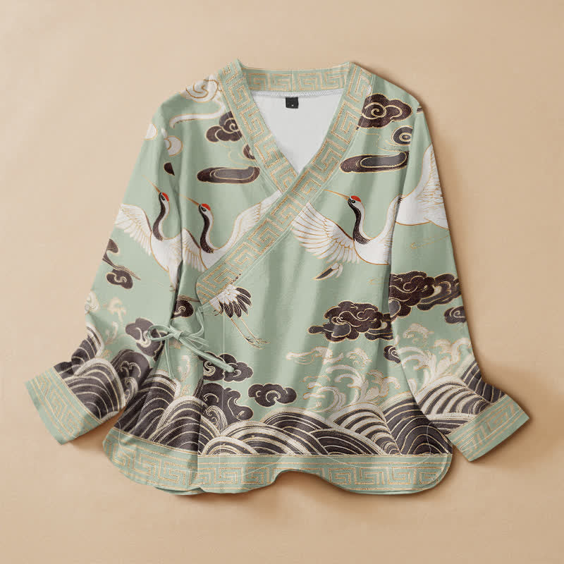 Kimono da donna a maniche lunghe con scollo a V e allacciatura, in cotone con stampa Buddha Stones, gru, nuvole e onde, stile Hanfu. - Verde pallido - US16, UK/AU20, EU48 (3XL) - image 0