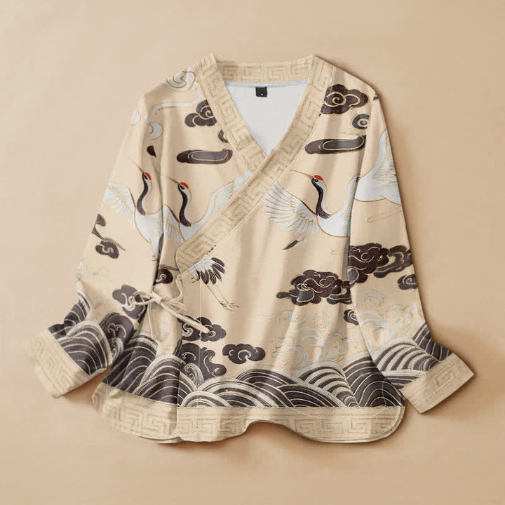 Buddha Stones Camicia da donna a maniche lunghe con scollo a V e allacciatura, in stile Hanfu, con stampa di gru, nuvole e onde. - Giallo chiaro verga d'oro - US16, UK/AU20, EU48 (3XL) - image 7