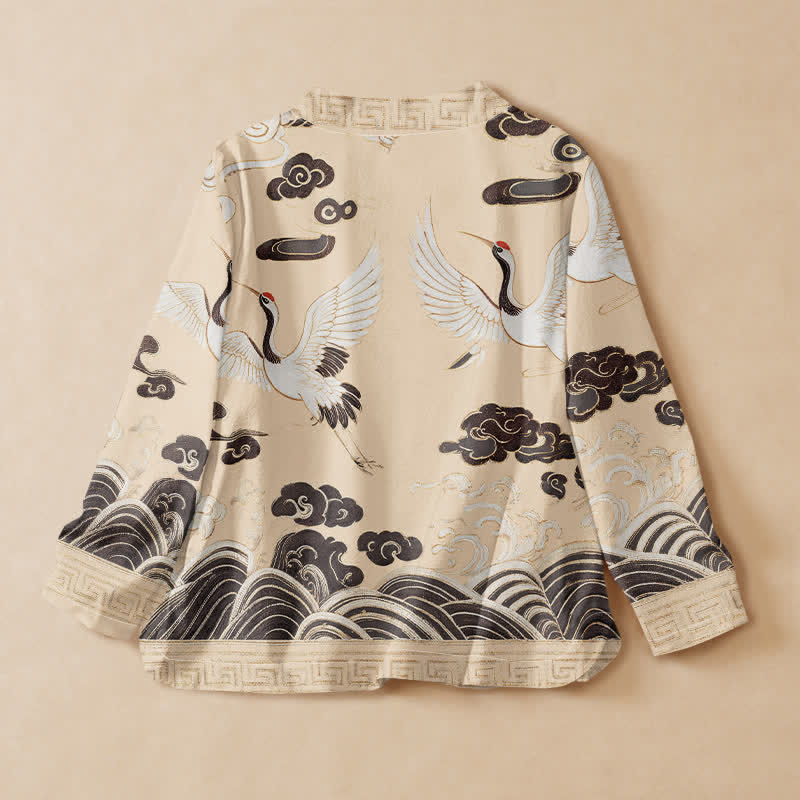 Buddha Stones Camicia da donna a maniche lunghe con scollo a V e allacciatura, in stile Hanfu, con stampa di gru, nuvole e onde. - image 8