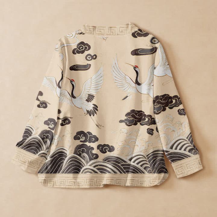 Buddha Stones Camicia da donna a maniche lunghe con scollo a V e allacciatura, in stile Hanfu, con stampa di gru, nuvole e onde. - image 8