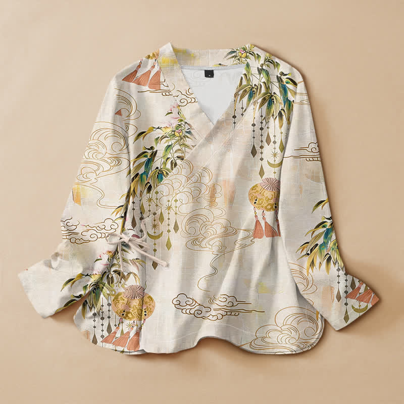 Buddha Stones Camicia da donna a maniche lunghe con scollo a V e allacciatura, in stile Hanfu, con stampa a foglie di nuvola e nappe, in cotone. - Biancheria - US16, UK/AU20, EU48 (3XL) - image 0