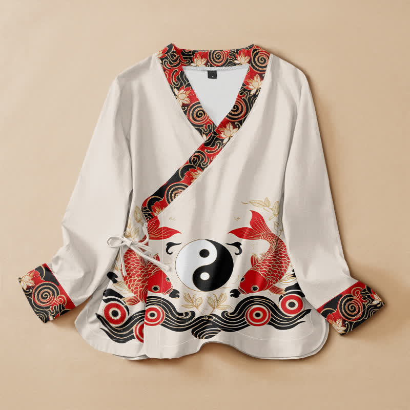 Buddha Stones Camicia da donna a maniche lunghe con scollo a V e allacciatura, in cotone, con stampa di pesci koi, Yin Yang e loto, stile Hanfu. - Avorio - US16, UK/AU20, EU48 (3XL) - image 0