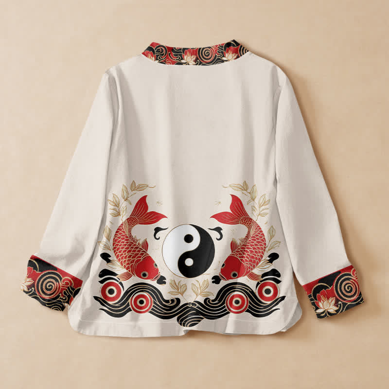 Kimono da donna a maniche lunghe con scollo a V e allacciatura, in cotone con stampa Buddha Stones , pesci koi, Yin Yang e loto. - image 1