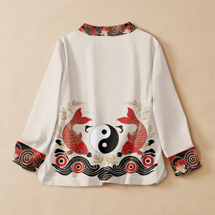 Kimono da donna a maniche lunghe con scollo a V e allacciatura, in cotone con stampa Buddha Stones , pesci koi, Yin Yang e loto. - image 1