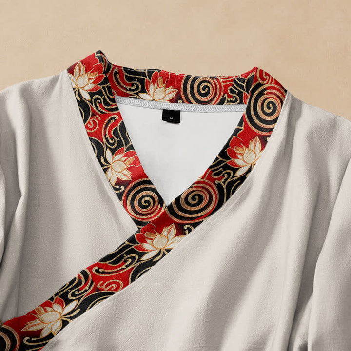 Kimono da donna a maniche lunghe con scollo a V e allacciatura, in cotone con stampa Buddha Stones , pesci koi, Yin Yang e loto. - image 2