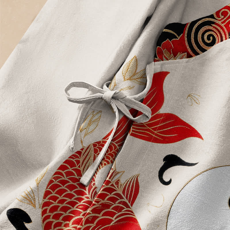 Kimono da donna a maniche lunghe con scollo a V e allacciatura, in cotone con stampa Buddha Stones , pesci koi, Yin Yang e loto. - image 3