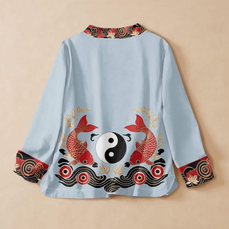 Kimono da donna a maniche lunghe con scollo a V e allacciatura, in cotone con stampa Buddha Stones , pesci koi, Yin Yang e loto. - image 6