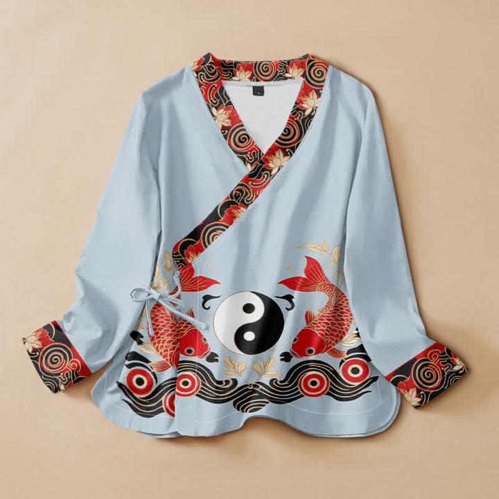 Kimono da donna a maniche lunghe con scollo a V e allacciatura, in cotone con stampa Buddha Stones , pesci koi, Yin Yang e loto. - Azzurro polvere - US16, UK/AU20, EU48 (3XL) - image 5
