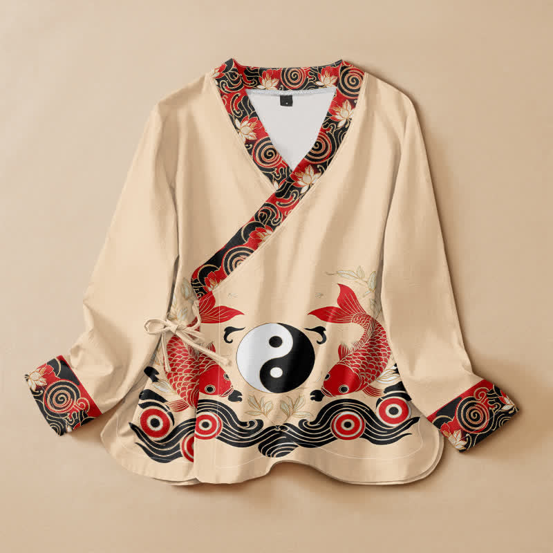 Kimono da donna a maniche lunghe con scollo a V e allacciatura, in cotone con stampa Buddha Stones , pesci koi, Yin Yang e loto. - LemonChiffon - US16, UK/AU20, EU48 (3XL) - image 7