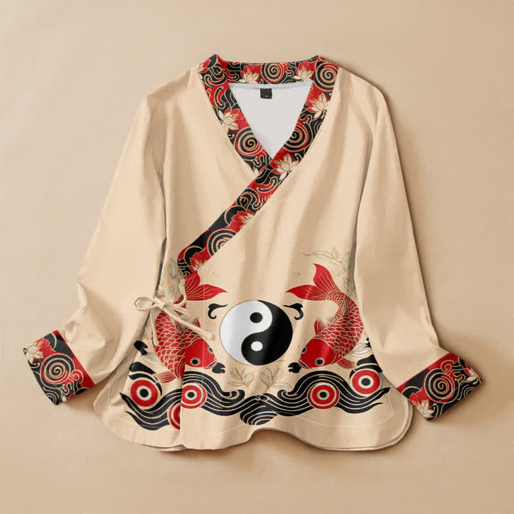 Kimono da donna a maniche lunghe con scollo a V e allacciatura, in cotone con stampa Buddha Stones , pesci koi, Yin Yang e loto. - LemonChiffon - US16, UK/AU20, EU48 (3XL) - image 7