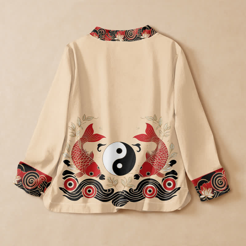 Kimono da donna a maniche lunghe con scollo a V e allacciatura, in cotone con stampa Buddha Stones , pesci koi, Yin Yang e loto. - image 8