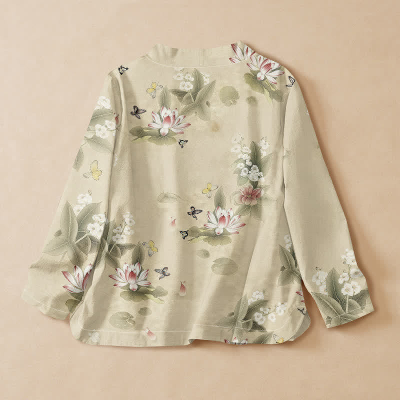 Buddha Stones Camicia da donna a maniche lunghe, stile Hanfu, con scollo a V e allacciatura, in cotone, con stampa di foglie di loto e farfalle. - image 1