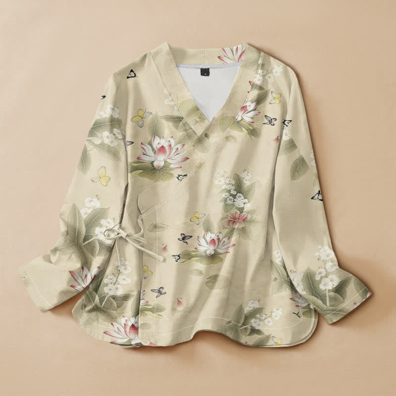 Buddha Stones Camicia da donna a maniche lunghe, stile Hanfu, con scollo a V e allacciatura, in cotone, con stampa di foglie di loto e farfalle. - Giallo chiaro verga d'oro - US16, UK/AU20, EU48 (3XL) - image 0