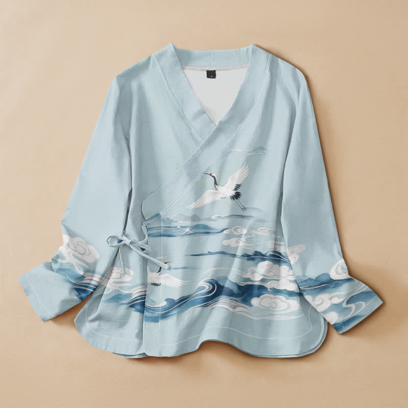 Buddha Stones Camicia da donna a maniche lunghe con scollo a V e allacciatura, in cotone, con motivo gru volanti e nuvole. - Azzurro polvere - US16, UK/AU20, EU48 (3XL) - image 0