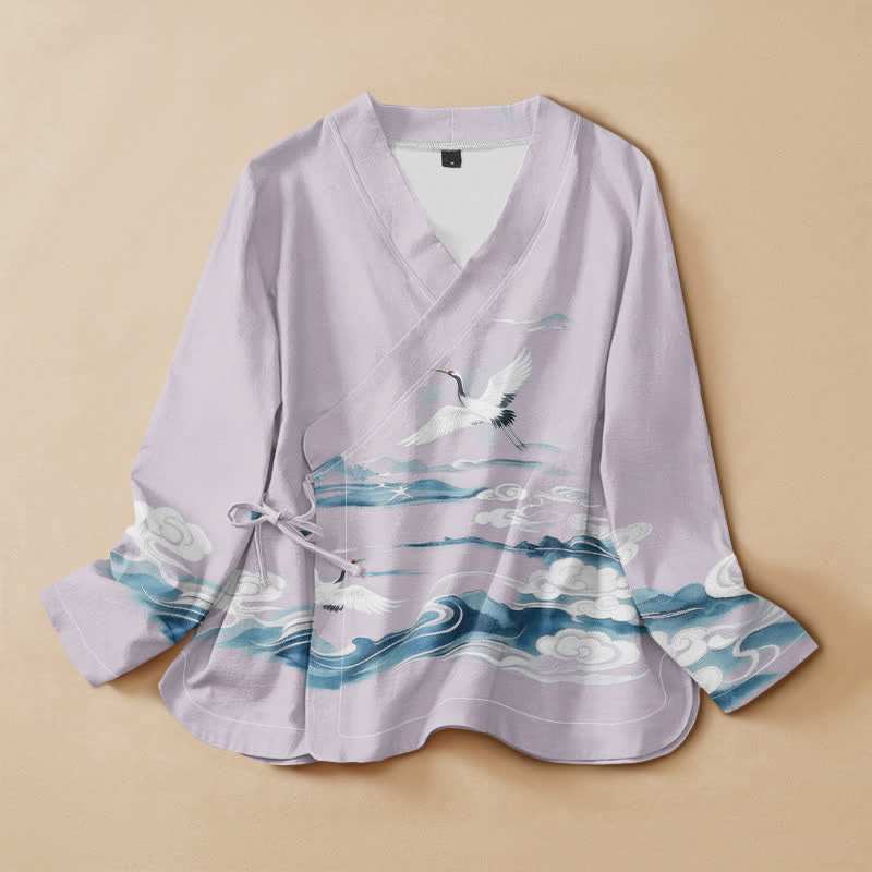 Buddha Stones Camicia da donna a maniche lunghe con scollo a V e allacciatura, in cotone, con motivo gru volanti e nuvole. - Lavanda - US16, UK/AU20, EU48 (3XL) - image 5
