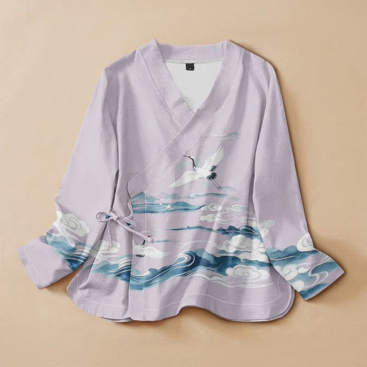 Buddha Stones Camicia da donna a maniche lunghe con scollo a V e allacciatura, in cotone, con motivo gru volanti e nuvole. - Lavanda - US16, UK/AU20, EU48 (3XL) - image 5