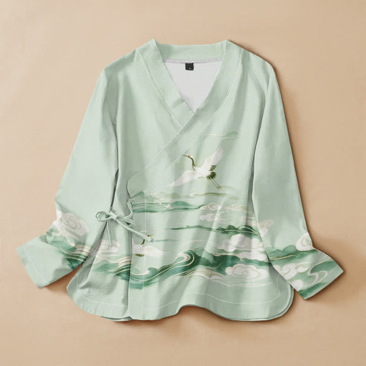 Buddha Stones Camicia da donna a maniche lunghe con scollo a V e allacciatura, in cotone, con motivo gru volanti e nuvole. - Acquamarina - US16, UK/AU20, EU48 (3XL) - image 7
