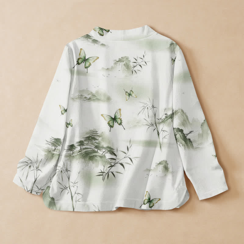 Kimono da donna a maniche lunghe con scollo a V e allacciatura, in cotone con stampa di farfalle e bambù, stile Hanfu, con motivo Buddha Stones. - image 1