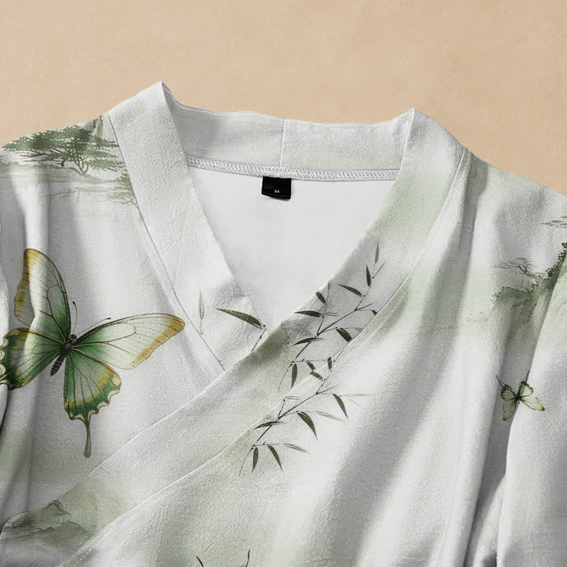 Buddha Stones Camicia da donna a maniche lunghe con scollo a V, stampa a farfalla in stile Hanfu, in cotone e bambù, con allacciatura a lacci. - image 2