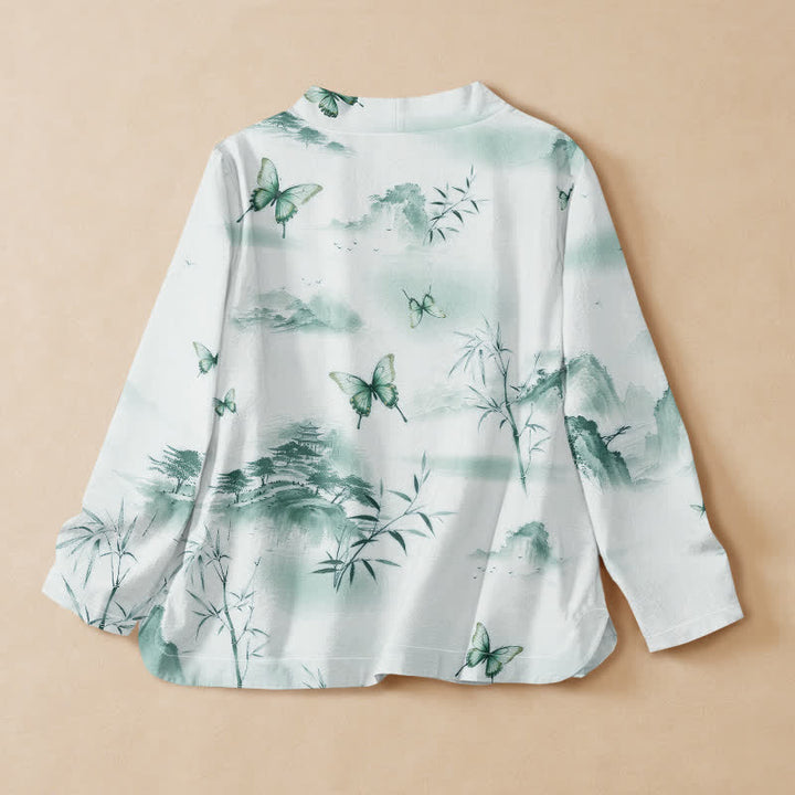 Buddha Stones Camicia da donna a maniche lunghe con scollo a V, stampa a farfalla in stile Hanfu, in cotone e bambù, con allacciatura a lacci. - image 6