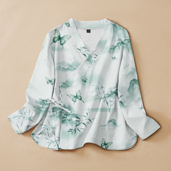 Buddha Stones Camicia da donna a maniche lunghe con scollo a V, stampa a farfalla in stile Hanfu, in cotone e bambù, con allacciatura a lacci. - Acquamarina media - US16, UK/AU20, EU48 (3XL) - image 5