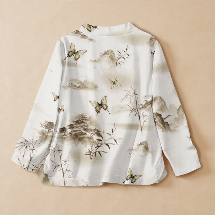 Buddha Stones Camicia da donna a maniche lunghe con scollo a V, stampa a farfalla in stile Hanfu, in cotone e bambù, con allacciatura a lacci. - image 8
